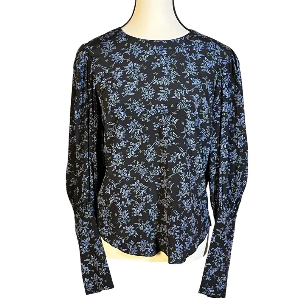 Veronica Beard Clarke Top Silk Floral Button Back Puff Sleeve Black/Blue Size 0 - Picture 2 of 9